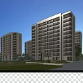 Modern Residential Building With Balconies Green Lawns Trees And Pedestrians Walking