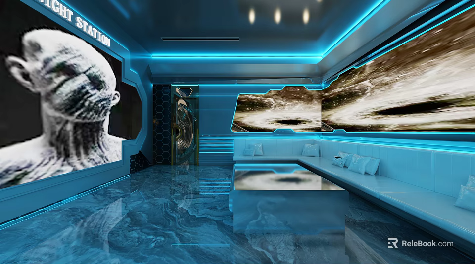 Modern KTV Interior Design With Blue Lighting Large Screens And Comfortable Sofas 3d model