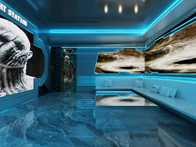 Modern KTV Interior Design With Blue Lighting Large Screens And Comfortable Sofas 3d model