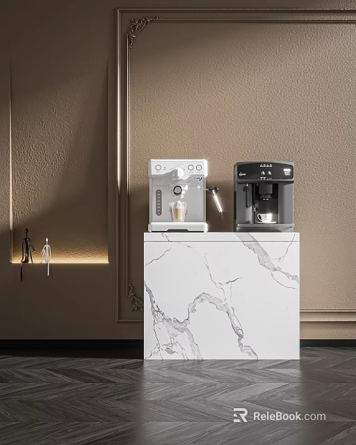 Modern Kitchen Appliances On Marble Countertop With Coffee Machines Design 3d model 