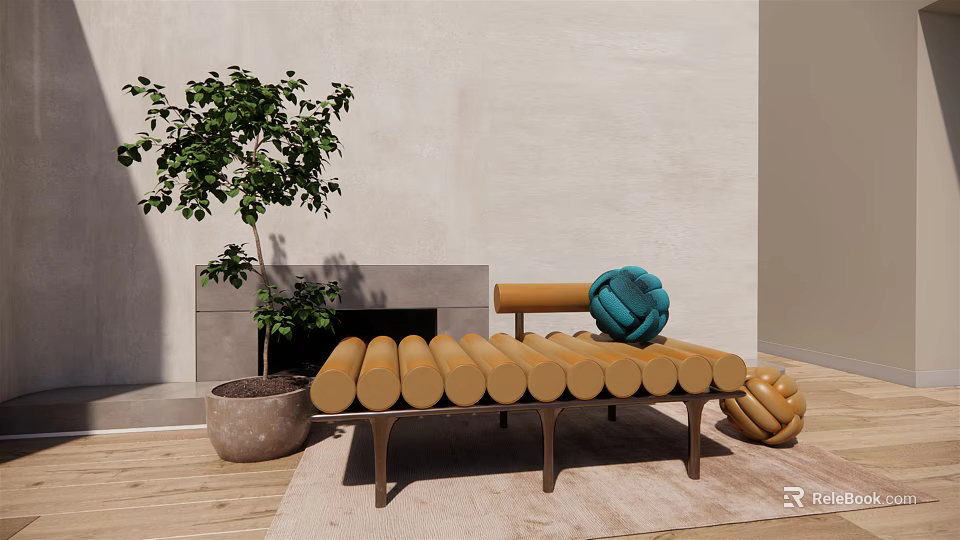 Wooden Log Slat Sofa Bench With Woven Balls Green Plant Fireplace On Wooden Floor Rug 3d model 
