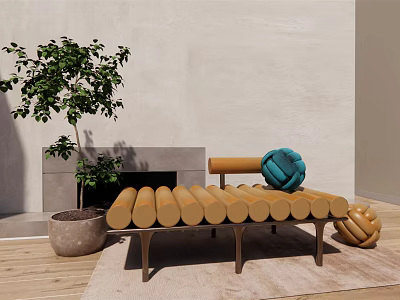 Wooden Log Slat Sofa Bench With Woven Balls Green Plant Fireplace On Wooden Floor Rug 3d model