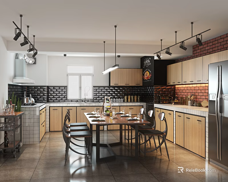 Modern Kitchen Interior With Dining Table Hanging Lights And Wooden Cabinets 3d model 