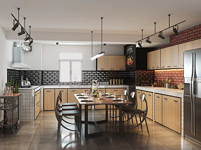 Modern Kitchen Interior With Dining Table Hanging Lights And Wooden Cabinets 3d model