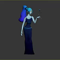 3D Game Movie Character With Teal High Ponytail Dark Blue Long Dress Holding Blue Flower