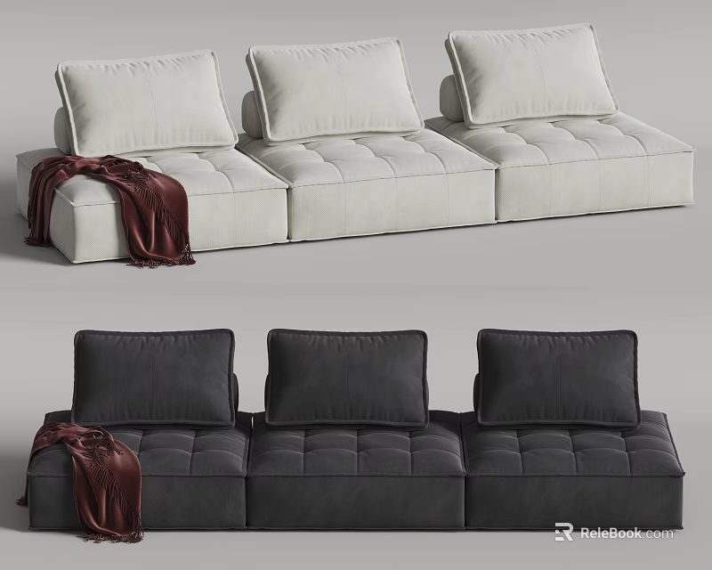 Modern White and Dark Gray Sectional Sofa with Multiple Cushions and Red Blanket 3d model