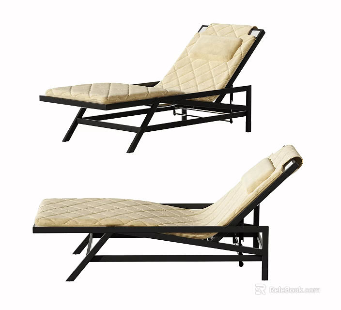 Comfortable Outdoor Lounge Chair With Black Metal Frame And Beige Quilted Cushion 3d model 