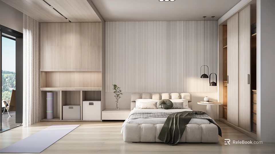 Modern Bedroom Interior With Wooden Accents Striped Wallpaper Upholstered Bed Table Lamp And Potted Plant 3d model 