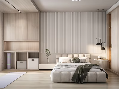 Modern Bedroom Interior With Wooden Accents Striped Wallpaper Upholstered Bed Table Lamp And Potted Plant 3d model