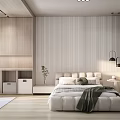 Modern Bedroom Interior With Wooden Accents Striped Wallpaper Upholstered Bed Table Lamp And Potted Plant