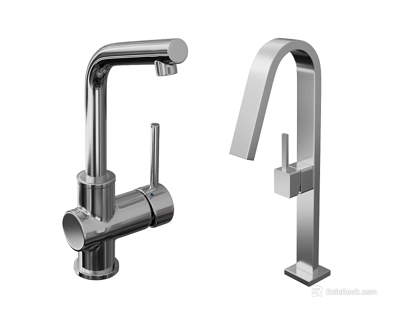 Two Modern Stainless Steel Faucet Designs With Contemporary Curved And Straight Structures 3d model 