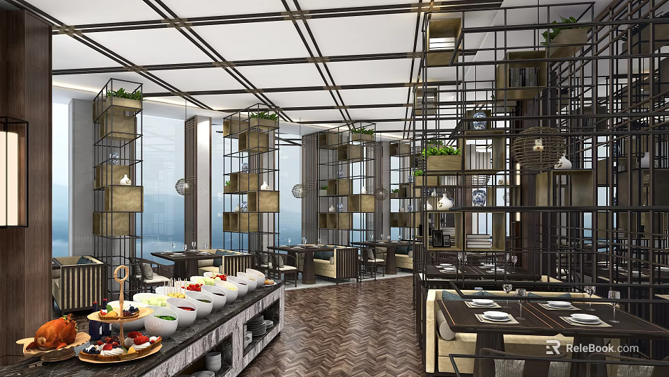Modern Restaurant Interior Design With Decorative Shelves Plants And Herringbone Floor 3d model 