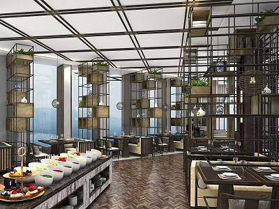 Modern Restaurant Interior Design With Decorative Shelves Plants And Herringbone Floor 3d model