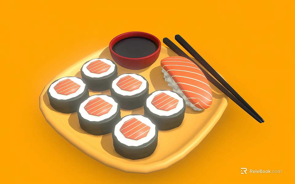 Delicious Salmon Sushi Rolls Served With Soy Sauce And Chopsticks On Plate 3d model 