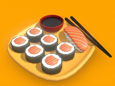 Delicious Salmon Sushi Rolls Served With Soy Sauce And Chopsticks On Plate 3d model