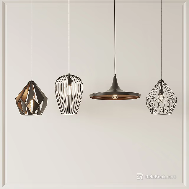 Modern Hanging Pendant Lights With Various Geometric And Wire Frame Designs 3d model