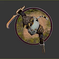 Horned Fantasy Warrior Character With White Fur Armored Holding Sword On Grass Base Platform