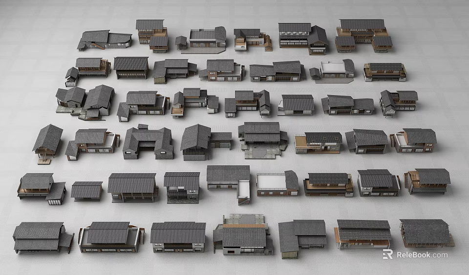 Collection of Miniature House Models with Various Styles in Arranged 3d model 