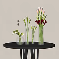 White and Red Calla Lilies in Transparent Glass Vases on Black Round Table Light Wall