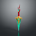 Ornate Mythical Sword With Red Hilt Golden Accents And Vibrant Green Blade Design