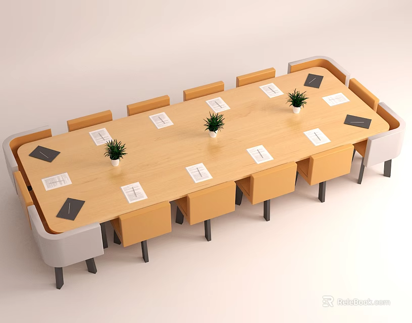 Rectangular Wooden Conference Table With Multiple Chairs Notebooks And Small Potted Plants 3d model