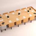 Rectangular Wooden Conference Table With Multiple Chairs Notebooks And Small Potted Plants 3d model