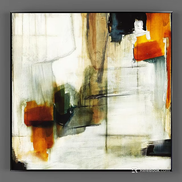 Framed Modern Abstract Art With Orange Black Green Geometric Shapes For Wall Decor 3d model 