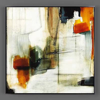 Framed Modern Abstract Art With Orange Black Green Geometric Shapes For Wall Decor 3d model