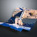 3D Detailed Topographic Map Featuring Castle River and Mountain Landscape