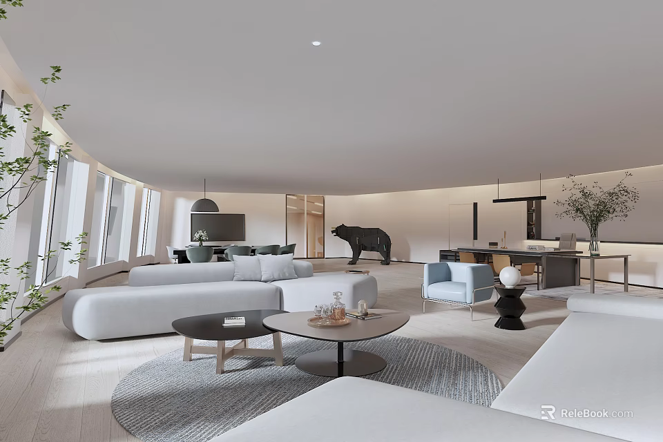 Modern Office Interior Design With Open Layout Sofa Coffee Table And Green Plants 3d model 