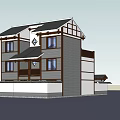 Traditional Style Two Story Semi detached Villa With Black Tiled Roof Wooden Frames And Windows