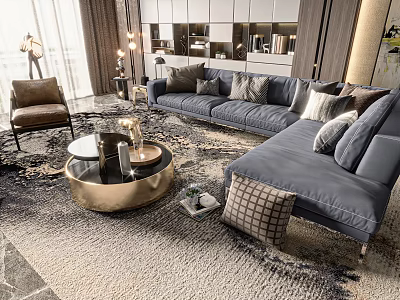 Modern Elegant Gray Sofa With Multiple Pillows And Golden Round Coffee Table On Patterned Rug 3d model