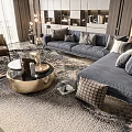 Modern Elegant Gray Sofa With Multiple Pillows And Golden Round Coffee Table On Patterned Rug 3d model