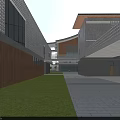 Contemporary School Building With Gray Exterior Glass Curtain Walls Courtyard Green Lawn And Stone Path