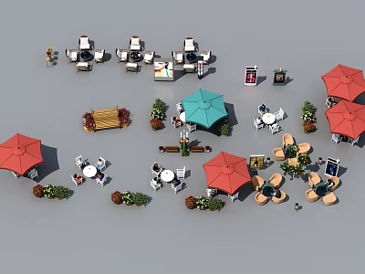 Comfortable Outdoor Sofa Set with Red Blue Umbrellas Tables and Plants 3d model