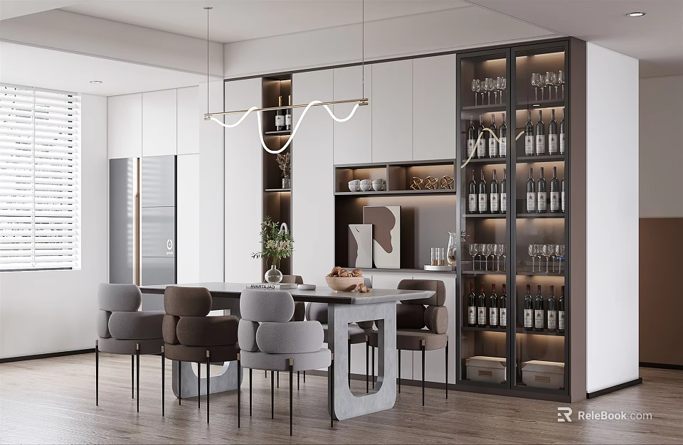 Modern Restaurant Interior With Dining Table Chairs Wine Rack And Pendant Lights 3d model