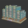 Cartoon Style Building With Blue Orange Facade Multiple Floors Balconies And Windows