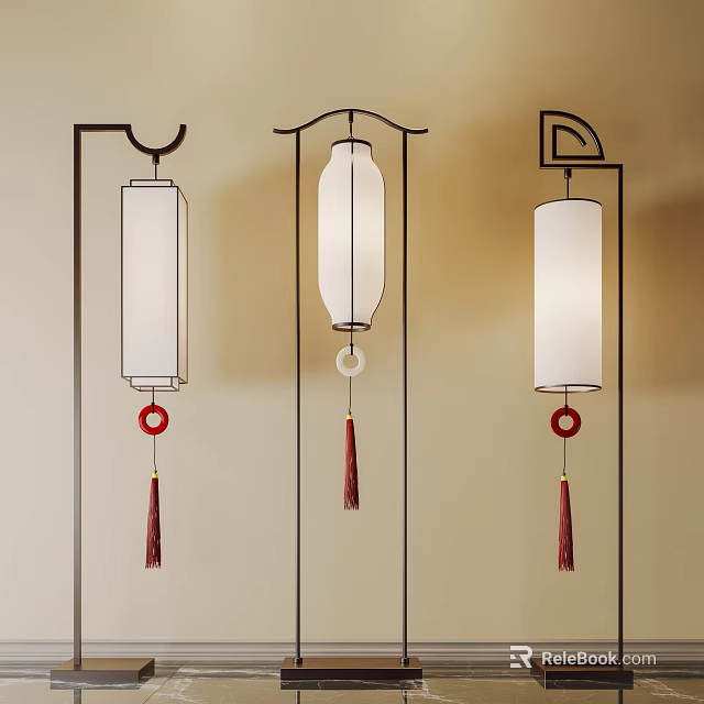 Chinese Style Floor Lamps With White Shades And Red Decorations 3d model 