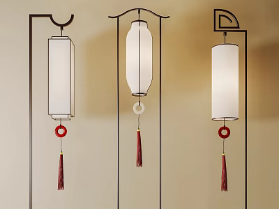 Chinese Style Floor Lamps With White Shades And Red Decorations 3d model