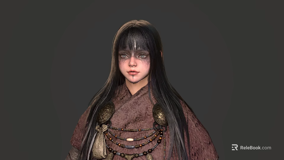 Game and Movie Character With Long Black Hair Fringe Dark Outfit Metal Decorations Beaded Necklaces 3d model 