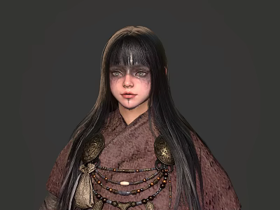 Game and Movie Character With Long Black Hair Fringe Dark Outfit Metal Decorations Beaded Necklaces 3d model