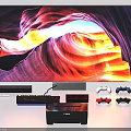 Modern TV Displaying Vibrant Natural Landscape With Game Controllers Keyboard And Printer