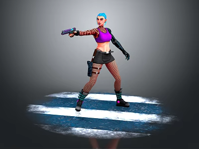 Blue Haired Character In Purple Top Black Skirt Holding Gun On Circular White Striped Platform 3d model