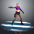 Blue Haired Character In Purple Top Black Skirt Holding Gun On Circular White Striped Platform