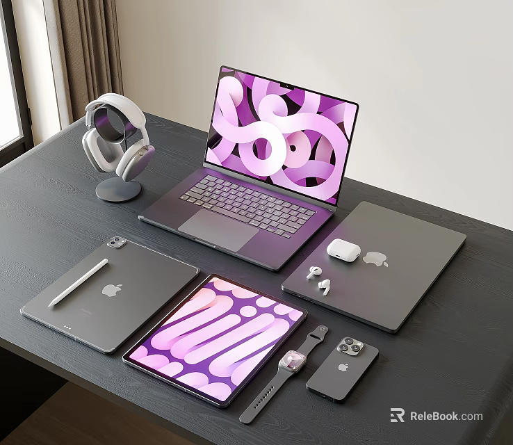 Modern Laptop Tablet Setup With Wireless Headphones Smart Watch And Phone 3d model 