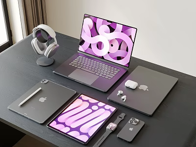 Modern Laptop Tablet Setup With Wireless Headphones Smart Watch And Phone 3d model