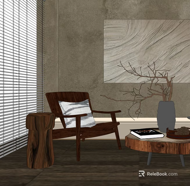 Wooden Lounge Chair With White Cushion By Wooden Side Table And Abstract Painting Near Gray Walls 3d model 