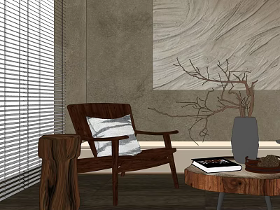 Wooden Lounge Chair With White Cushion By Wooden Side Table And Abstract Painting Near Gray Walls 3d model