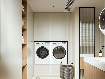 Modern Laundry Room Interior With Washing Machines Wooden Shelves And Laundry Basket 3d model