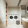 Modern Laundry Room Interior With Washing Machines Wooden Shelves And Laundry Basket